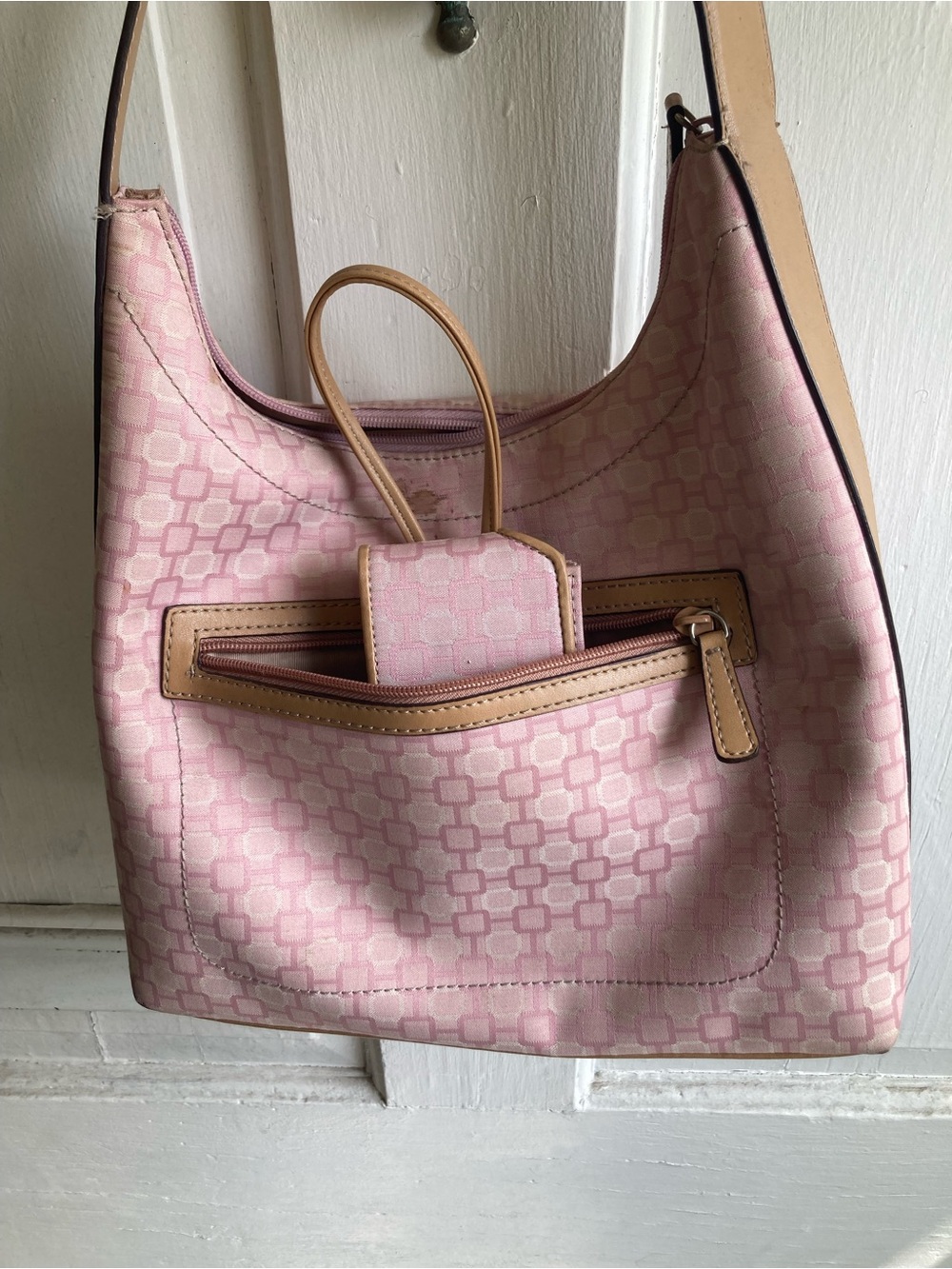 Soft Pink Patterned Shoulder Bag with Tan Trim,
 and Accessory Wristlet .